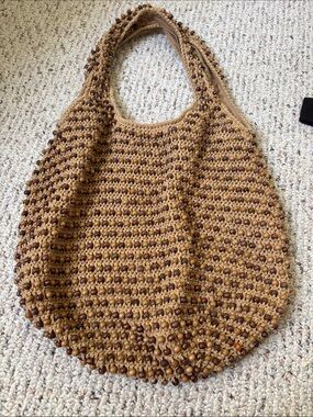 Handwoven Beaded Crochet Tote Bag - Tan